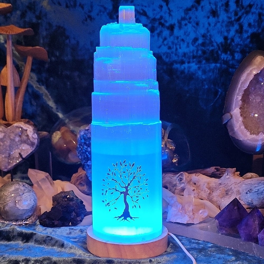 10.75"H 4.8lbs | White Selenite Lamp with LED Stand & Remote | Home Decor | Gift